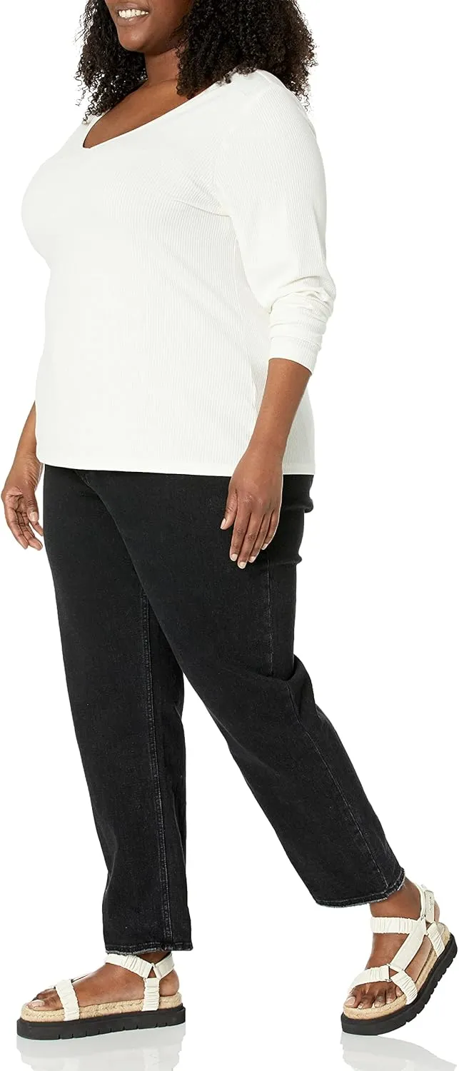 Amazon Essentials Women's Fitted Long Sleeve Shirt, Slim-Fit - Layering Knit Rib V-Neck, Pack of 2