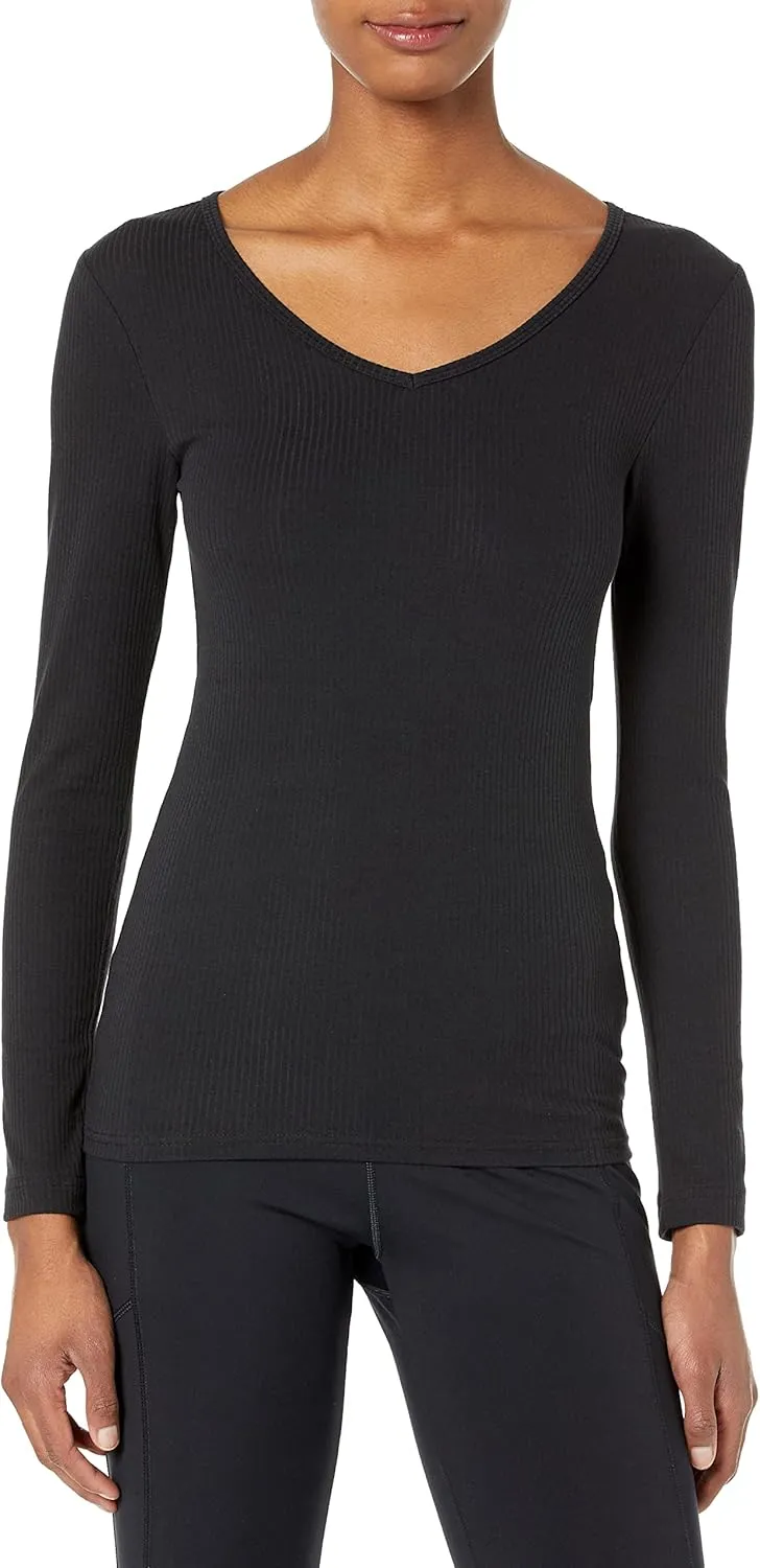 Amazon Essentials Women's Fitted Long Sleeve Shirt, Slim-Fit - Layering Knit Rib V-Neck, Pack of 2