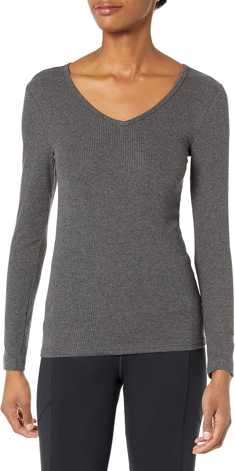 Amazon Essentials Women's Fitted Long Sleeve Shirt, Slim-Fit - Layering Knit Rib V-Neck, Pack of 2