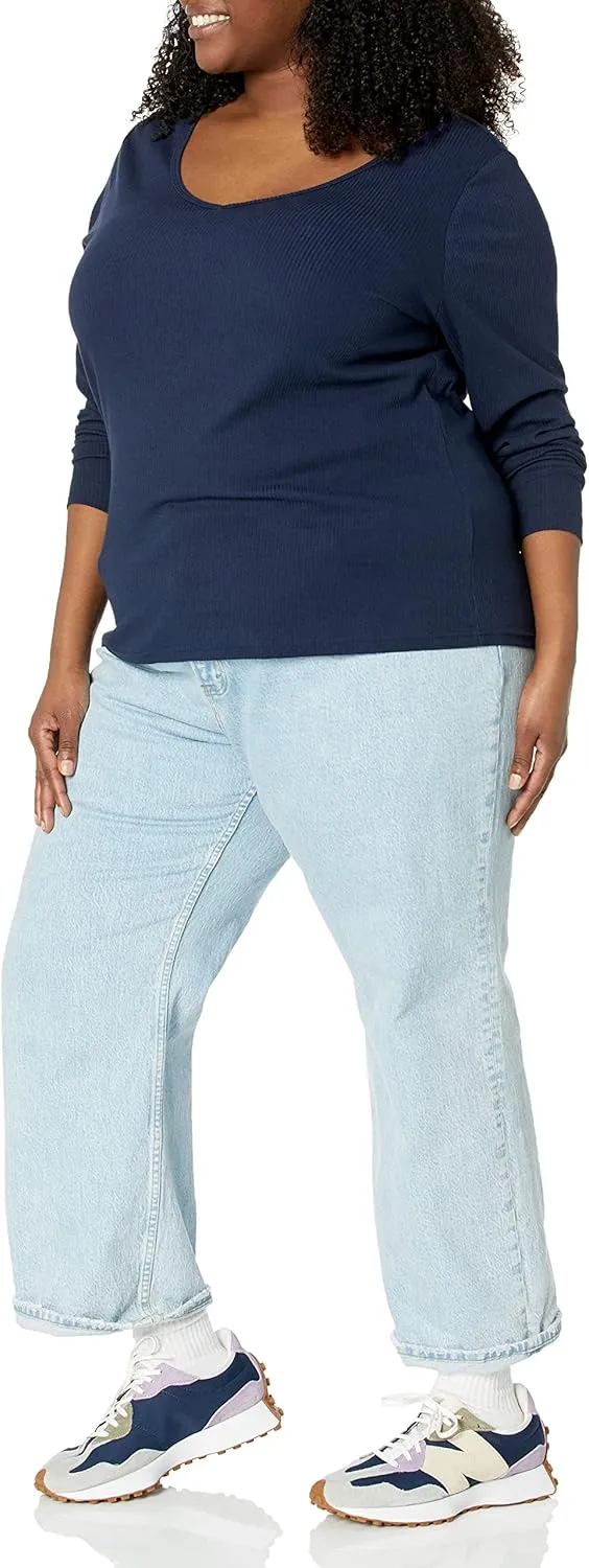 Amazon Essentials Women's Fitted Long Sleeve Shirt, Slim-Fit - Layering Knit Rib V-Neck, Pack of 2
