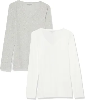 Amazon Essentials Women's Fitted Long Sleeve Shirt, Slim-Fit - Layering Knit Rib V-Neck, Pack of 2