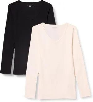 Amazon Essentials Women's Fitted Long Sleeve Shirt, Slim-Fit - Layering Knit Rib V-Neck, Pack of 2