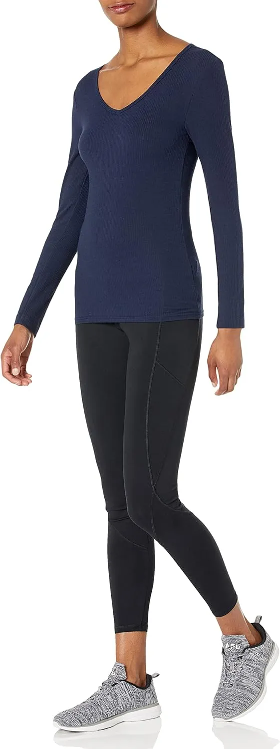 Amazon Essentials Women's Fitted Long Sleeve Shirt, Slim-Fit - Layering Knit Rib V-Neck, Pack of 2