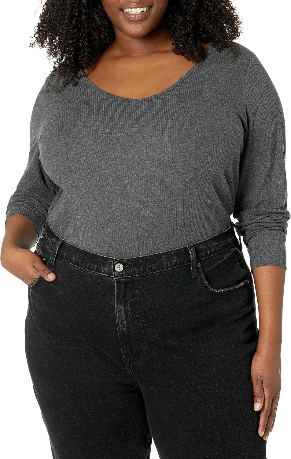 Amazon Essentials Women's Fitted Long Sleeve Shirt, Slim-Fit - Layering Knit Rib V-Neck, Pack of 2