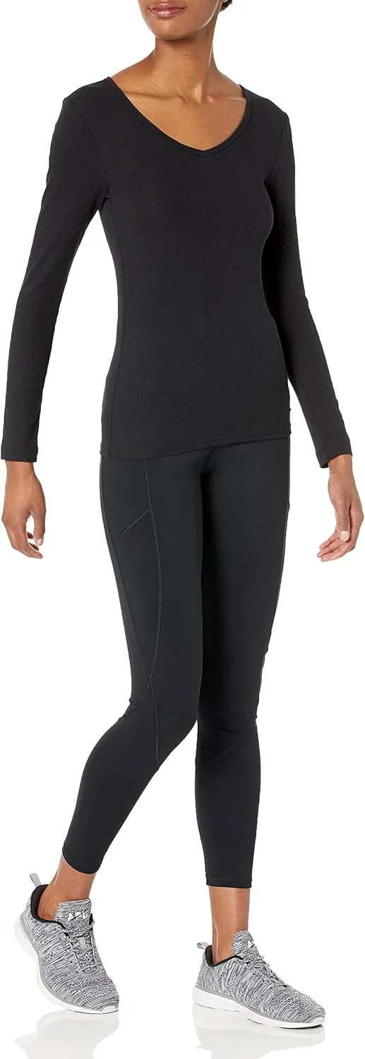 Amazon Essentials Women's Fitted Long Sleeve Shirt, Slim-Fit - Layering Knit Rib V-Neck, Pack of 2