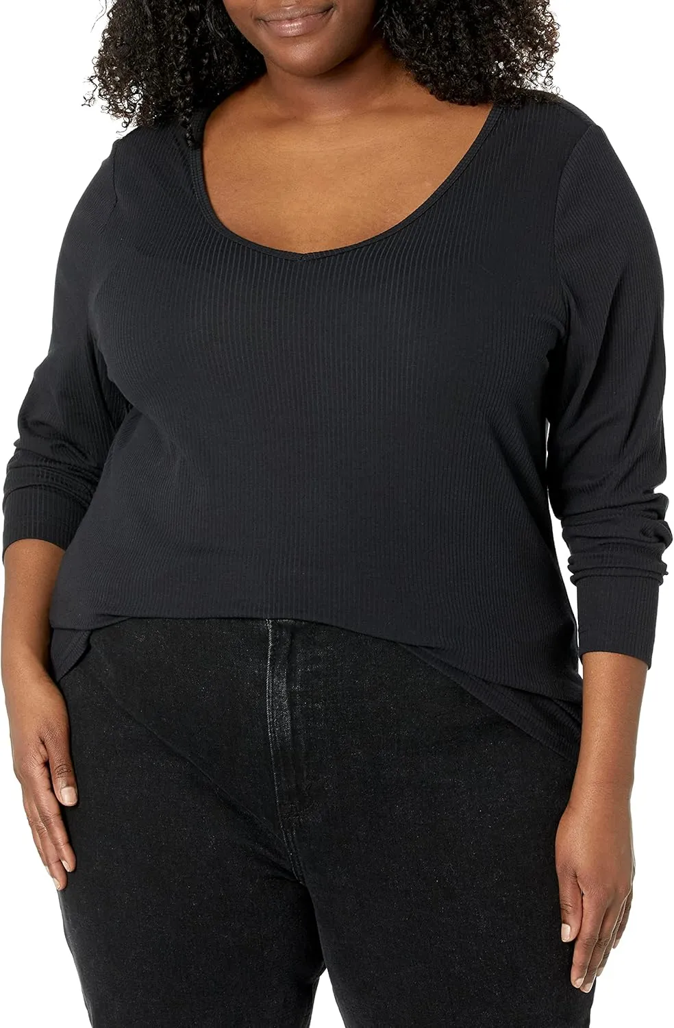 Amazon Essentials Women's Fitted Long Sleeve Shirt, Slim-Fit - Layering Knit Rib V-Neck, Pack of 2