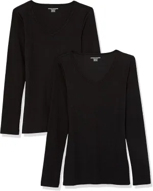 Amazon Essentials Women's Fitted Long Sleeve Shirt, Slim-Fit - Layering Knit Rib V-Neck, Pack of 2