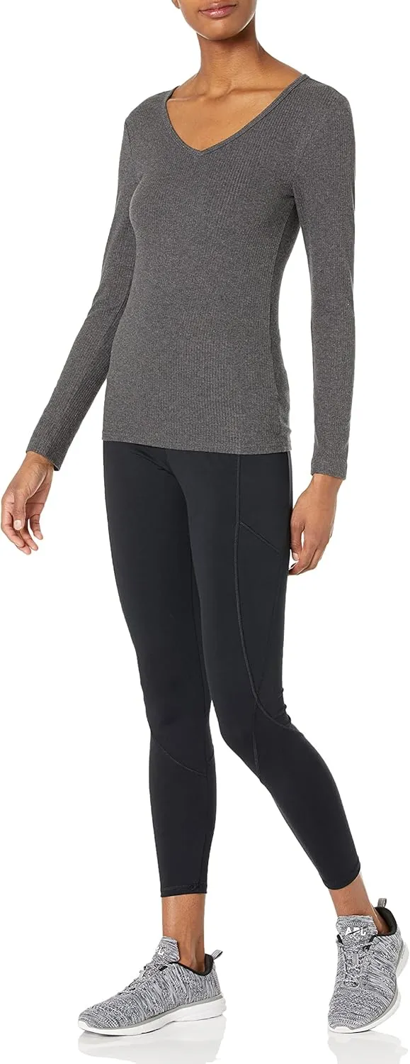 Amazon Essentials Women's Fitted Long Sleeve Shirt, Slim-Fit - Layering Knit Rib V-Neck, Pack of 2