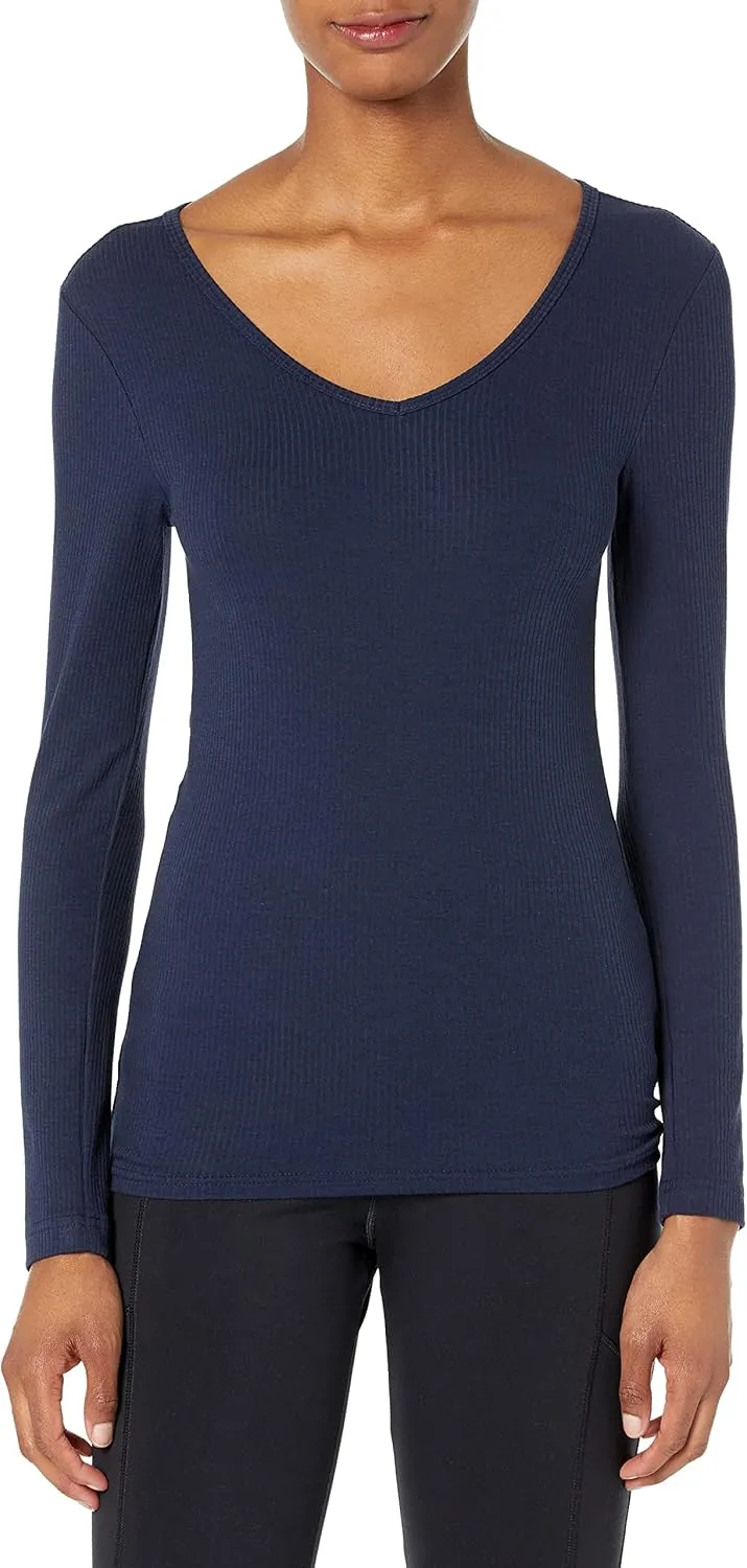 Amazon Essentials Women's Fitted Long Sleeve Shirt, Slim-Fit - Layering Knit Rib V-Neck, Pack of 2