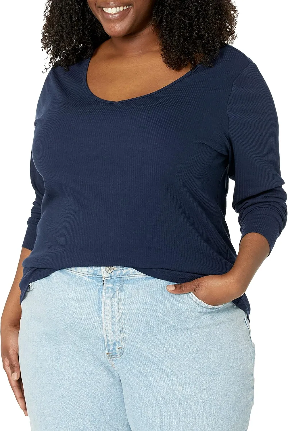 Amazon Essentials Women's Fitted Long Sleeve Shirt, Slim-Fit - Layering Knit Rib V-Neck, Pack of 2