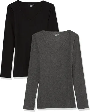 Amazon Essentials Women's Fitted Long Sleeve Shirt, Slim-Fit - Layering Knit Rib V-Neck, Pack of 2