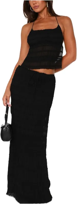 Amiblvowa Women Y2k 2 Piece Maxi Skirt Set Backless Smocked Lace Halter Crop Top Tiered Flowy Long Skirt Club Streetwear