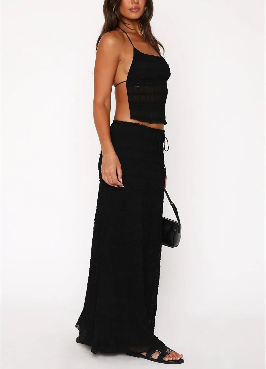 Amiblvowa Women Y2k 2 Piece Maxi Skirt Set Backless Smocked Lace Halter Crop Top Tiered Flowy Long Skirt Club Streetwear