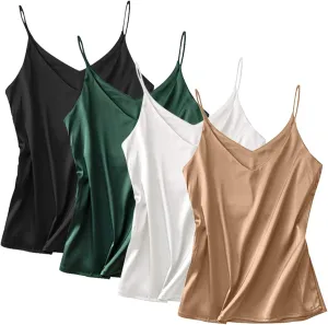 Anbenser Silk Tank Tops for Women Satin Camisoles V Neck Spaghetti Strap Cami Sleeveless Blouses 4 Pack