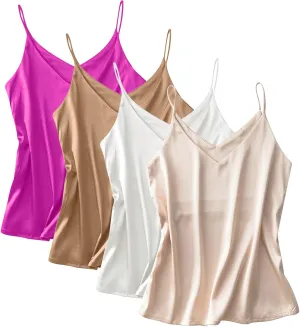 Anbenser Silk Tank Tops for Women Satin Camisoles V Neck Spaghetti Strap Cami Sleeveless Blouses 4 Pack