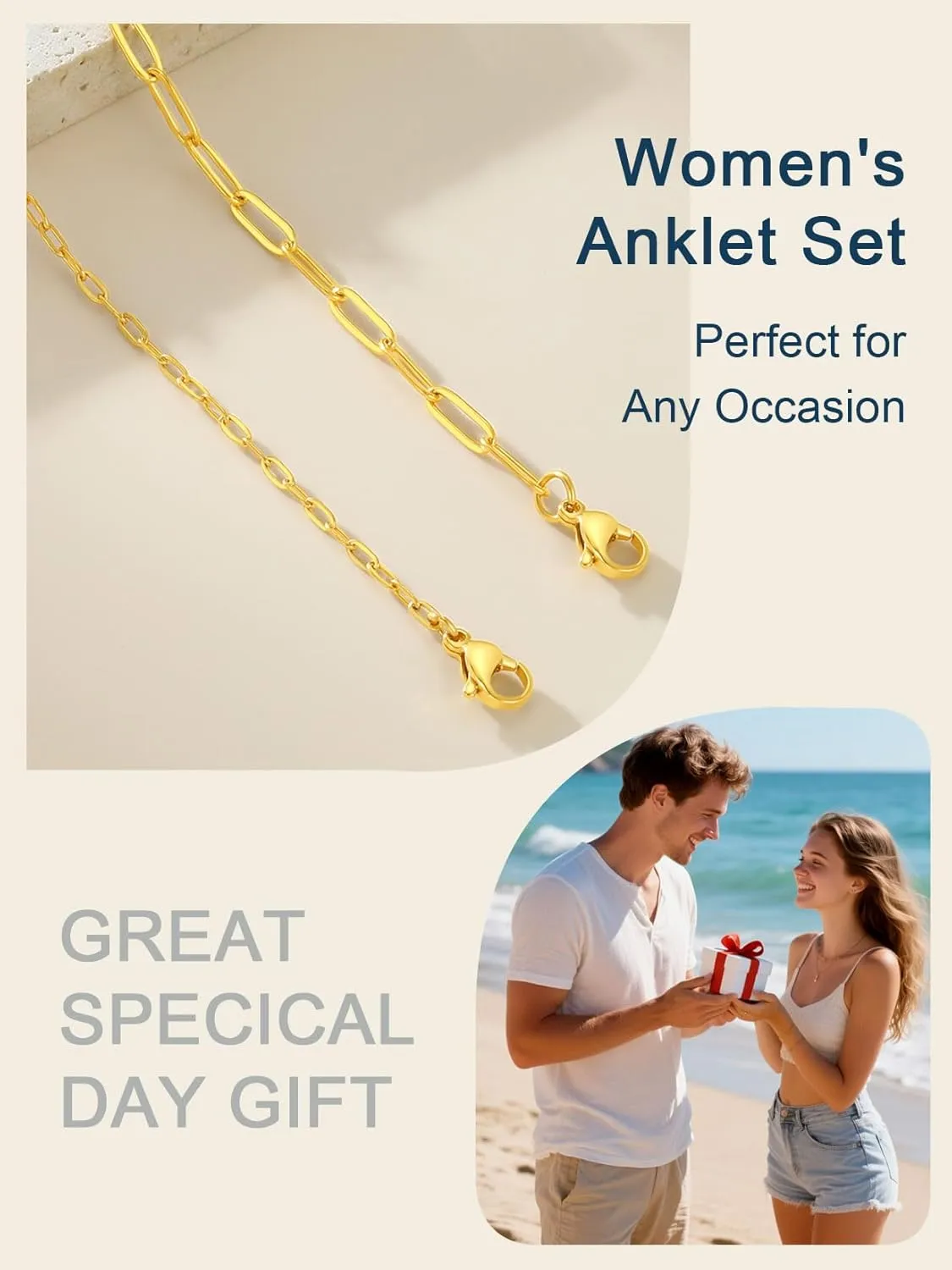 Ankle Bracelets for Women,14K Gold/Steel/Black Plated Stainless Steel Paperclip/Cuban Link/Figaro Chain Anklets for Women Waterproof,Trendy Dainty Layered Anklet Chain Sets for Ladies Wife Beach Jewelry Gifts Adjustable 8.5 inches 5cm