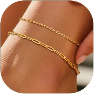 Ankle Bracelets for Women,14K Gold/Steel/Black Plated Stainless Steel Paperclip/Cuban Link/Figaro Chain Anklets for Women Waterproof,Trendy Dainty Layered Anklet Chain Sets for Ladies Wife Beach Jewelry Gifts Adjustable 8.5 inches 5cm