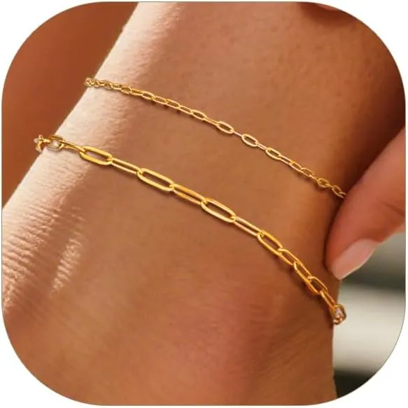 Ankle Bracelets for Women,14K Gold/Steel/Black Plated Stainless Steel Paperclip/Cuban Link/Figaro Chain Anklets for Women Waterproof,Trendy Dainty Layered Anklet Chain Sets for Ladies Wife Beach Jewelry Gifts Adjustable 8.5 inches 5cm