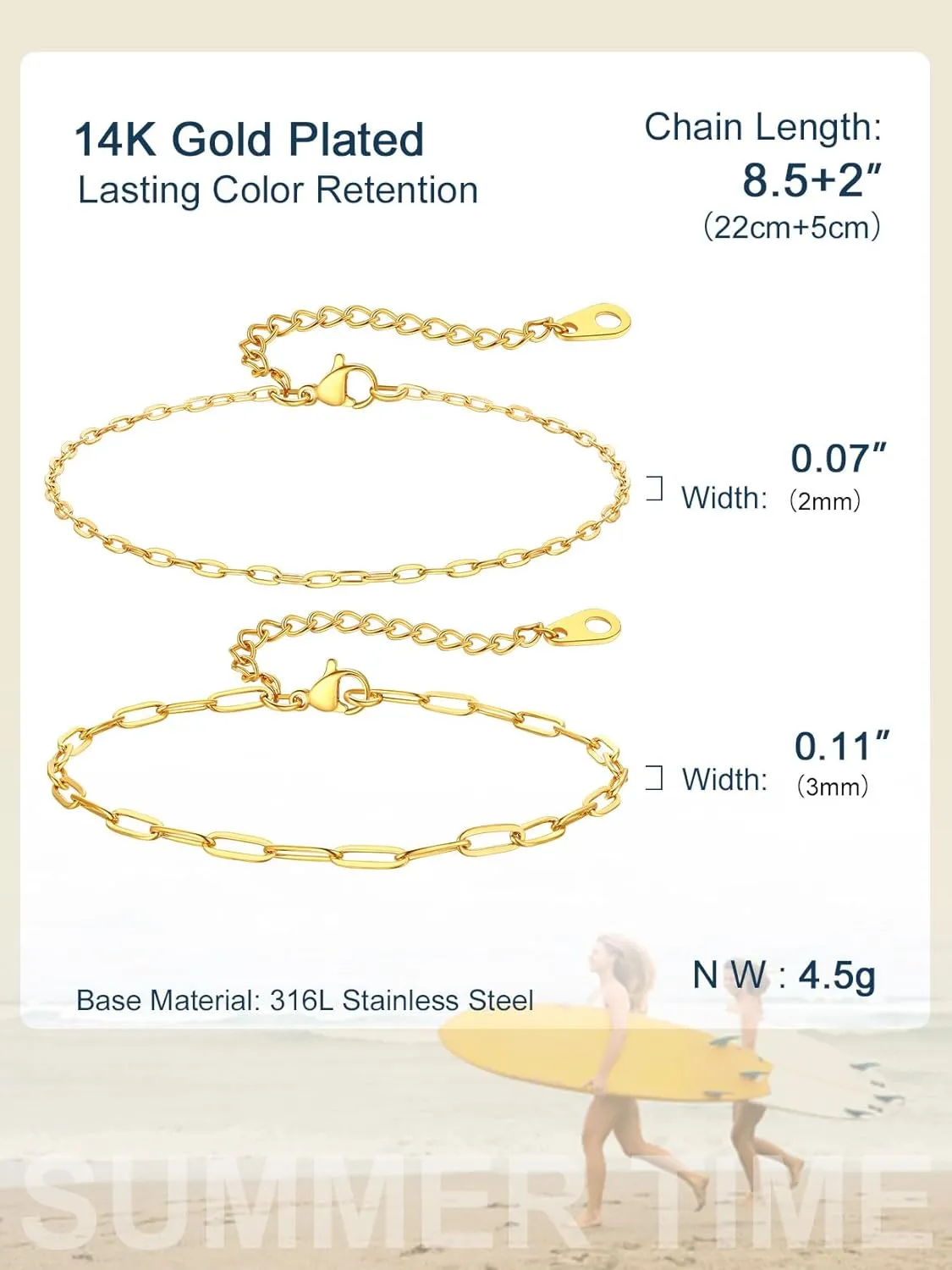 Ankle Bracelets for Women,14K Gold/Steel/Black Plated Stainless Steel Paperclip/Cuban Link/Figaro Chain Anklets for Women Waterproof,Trendy Dainty Layered Anklet Chain Sets for Ladies Wife Beach Jewelry Gifts Adjustable 8.5 inches 5cm