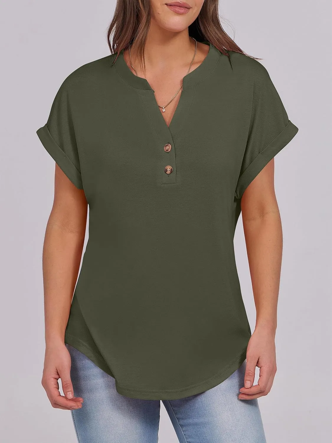 ANRABESS Womens Short Sleeve Henley Tops V Neck Dressy Casual Loose Fit Shirts Summer Flowy Blouses 2025 Trendy Clothes