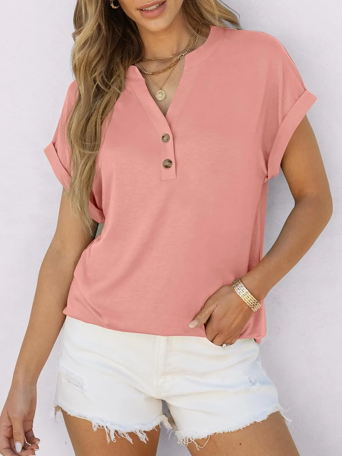 ANRABESS Womens Short Sleeve Henley Tops V Neck Dressy Casual Loose Fit Shirts Summer Flowy Blouses 2025 Trendy Clothes