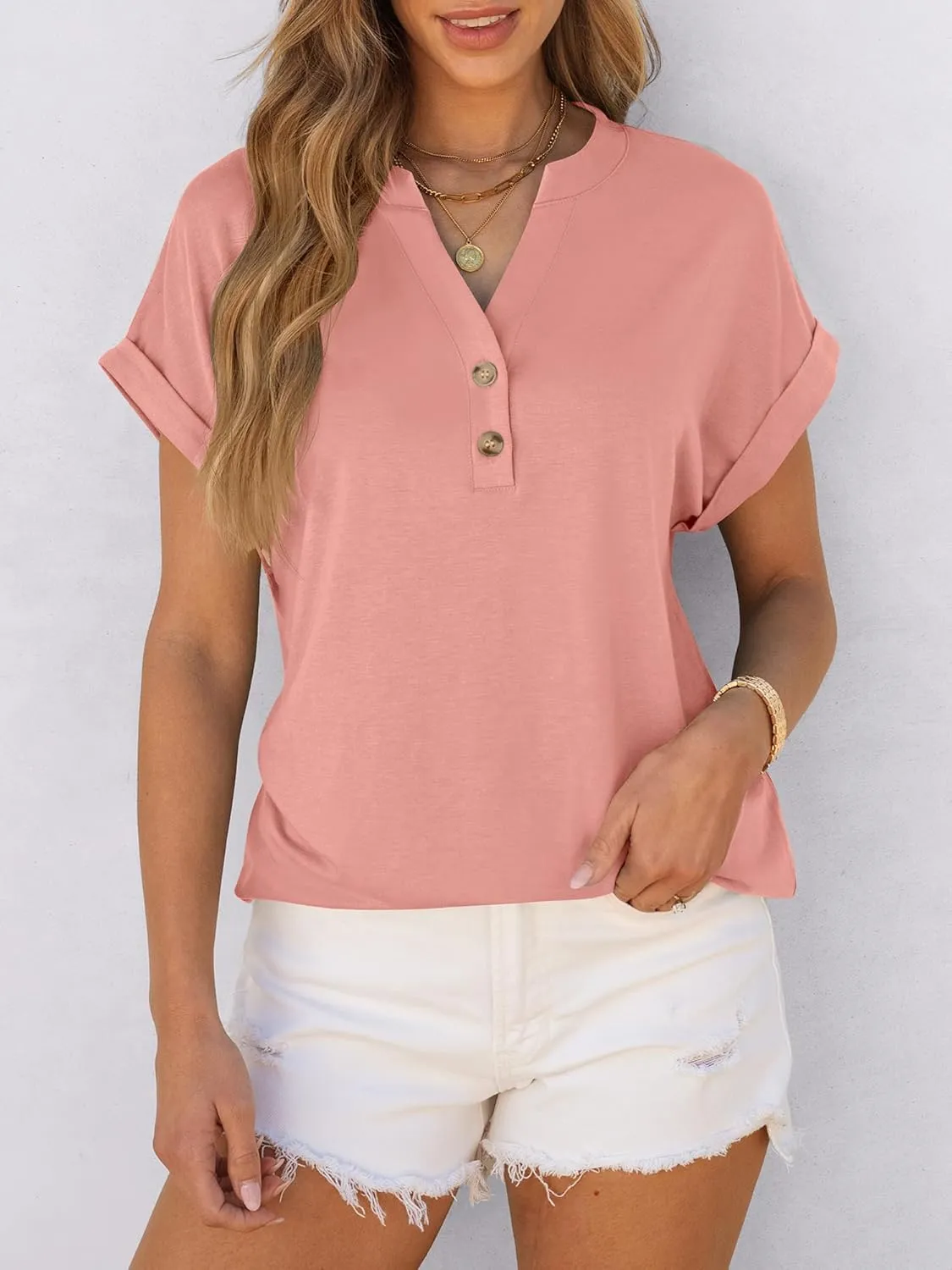ANRABESS Womens Short Sleeve Henley Tops V Neck Dressy Casual Loose Fit Shirts Summer Flowy Blouses 2025 Trendy Clothes