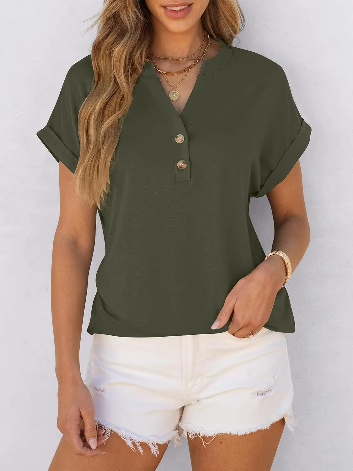 ANRABESS Womens Short Sleeve Henley Tops V Neck Dressy Casual Loose Fit Shirts Summer Flowy Blouses 2025 Trendy Clothes
