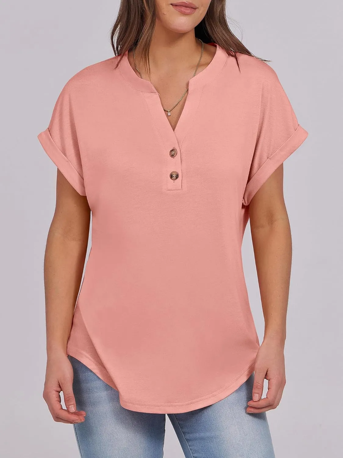 ANRABESS Womens Short Sleeve Henley Tops V Neck Dressy Casual Loose Fit Shirts Summer Flowy Blouses 2025 Trendy Clothes