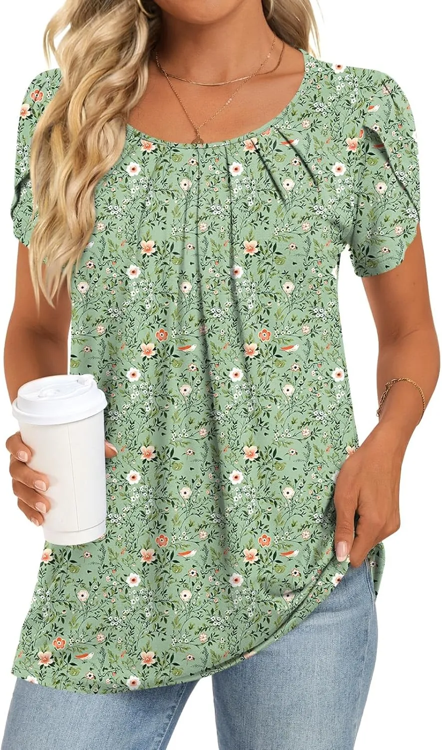 Anymeet Womens Tops 2025 Spring Summer Tunic Short Sleeve Casual Shirts Pleated Blouses for Leggings M-3XL