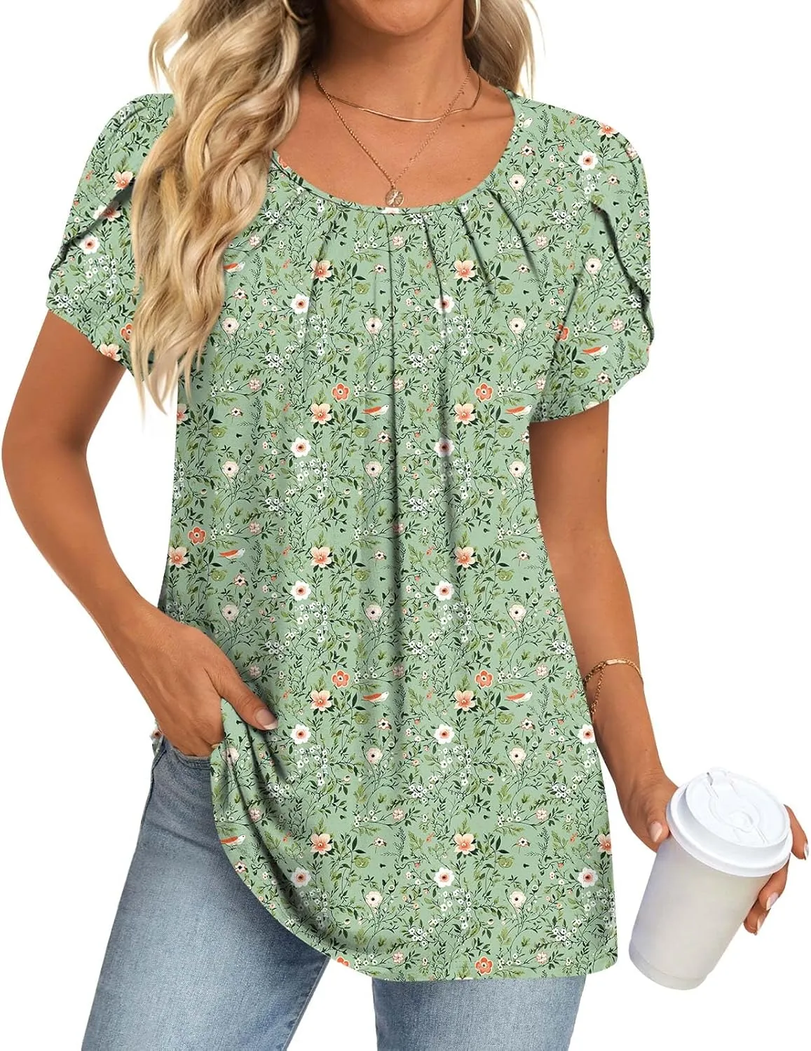 Anymeet Womens Tops 2025 Spring Summer Tunic Short Sleeve Casual Shirts Pleated Blouses for Leggings M-3XL