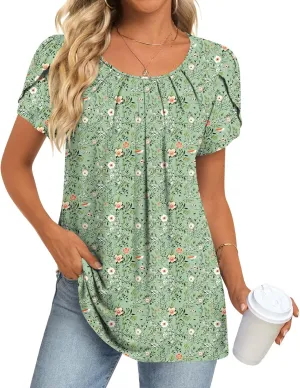 Anymeet Womens Tops 2025 Spring Summer Tunic Short Sleeve Casual Shirts Pleated Blouses for Leggings M-3XL