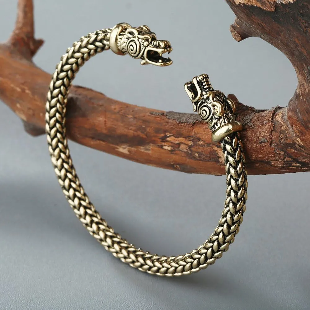 AOCHEE Norse Viking Double Dragon Head Twisted Bracelet Arm Ring Bangles Adjustable Men's Jewelry