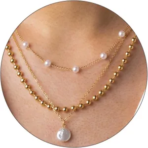 Aonklot 3Pcs Layered Pearl Necklaces for Men Pearl Pendant Necklace Gold Chain Choker Necklace Gold Bead Necklace Gifts for Male Gifts