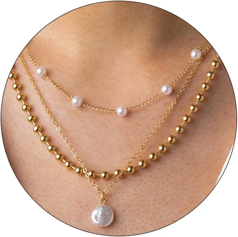 Aonklot 3Pcs Layered Pearl Necklaces for Men Pearl Pendant Necklace Gold Chain Choker Necklace Gold Bead Necklace Gifts for Male Gifts