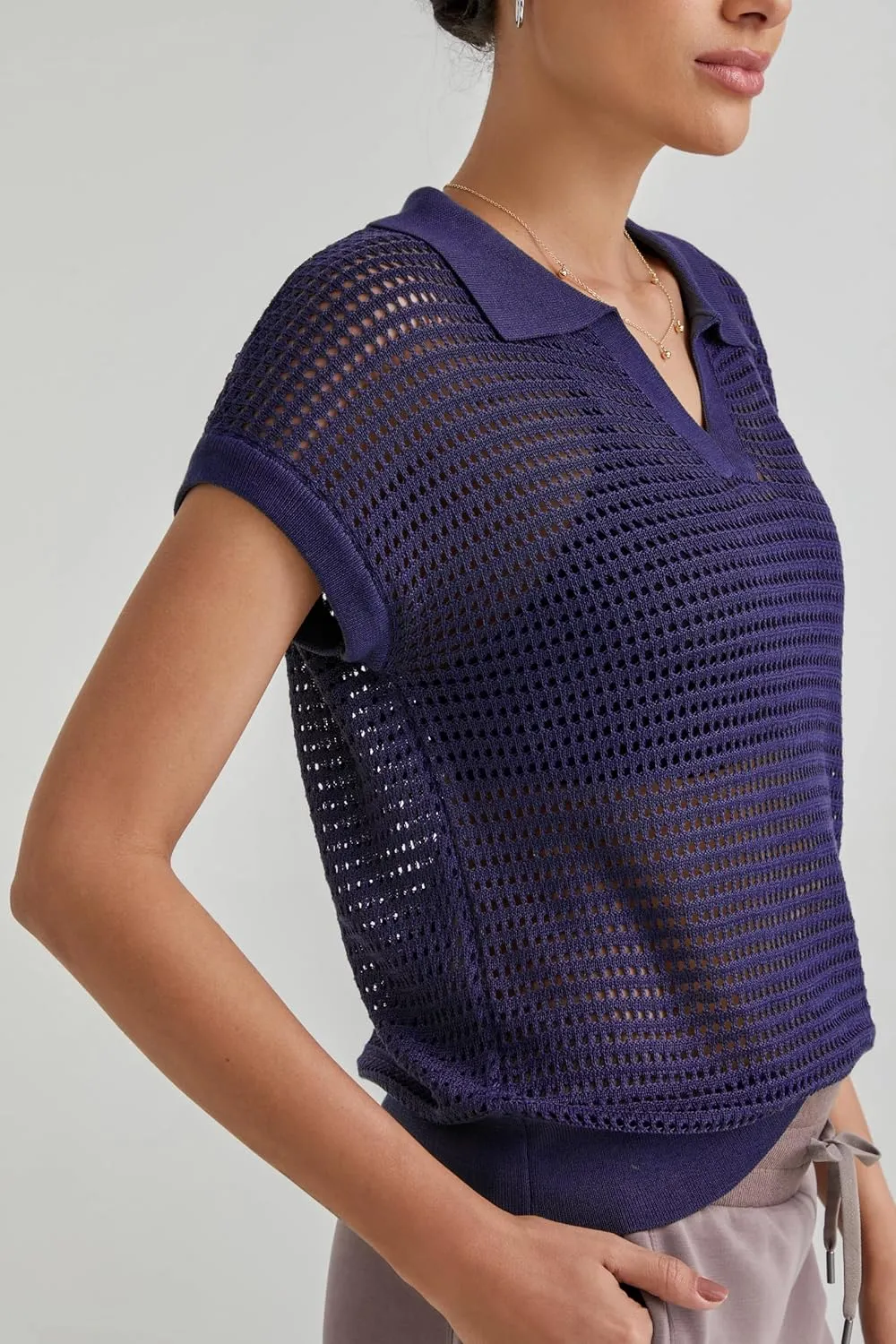 Arach&Cloz 2025 Women's Crochet Cap Sleeve Knit Tops Spring Summer Shirts Lightweight Collared Hollow Out Casual Blouses