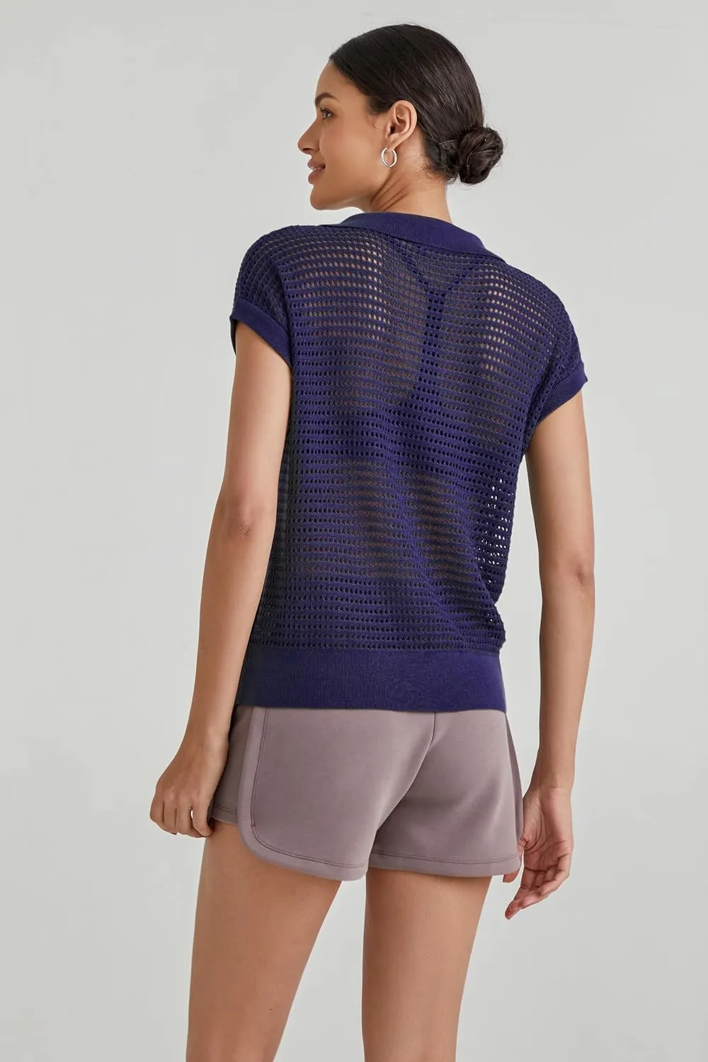 Arach&Cloz 2025 Women's Crochet Cap Sleeve Knit Tops Spring Summer Shirts Lightweight Collared Hollow Out Casual Blouses
