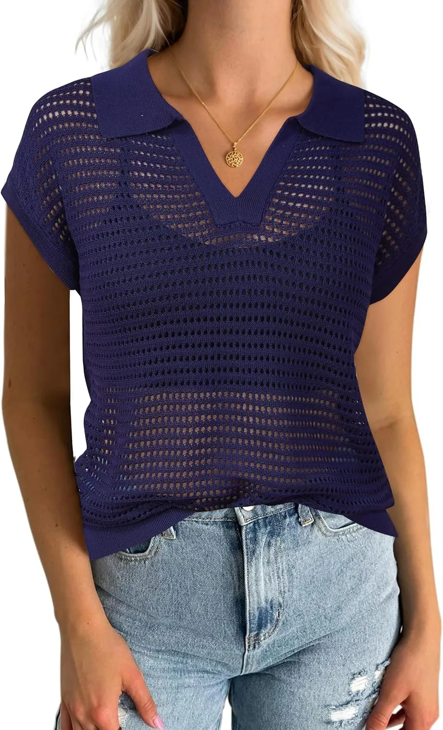 Arach&Cloz 2025 Women's Crochet Cap Sleeve Knit Tops Spring Summer Shirts Lightweight Collared Hollow Out Casual Blouses