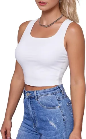 AURUZA Crop Tops for Women, Womens Double Lined Tank Tops U-Neck Basic Workout Tank Tops Woman Sleeveless Shirt Going Out Top
