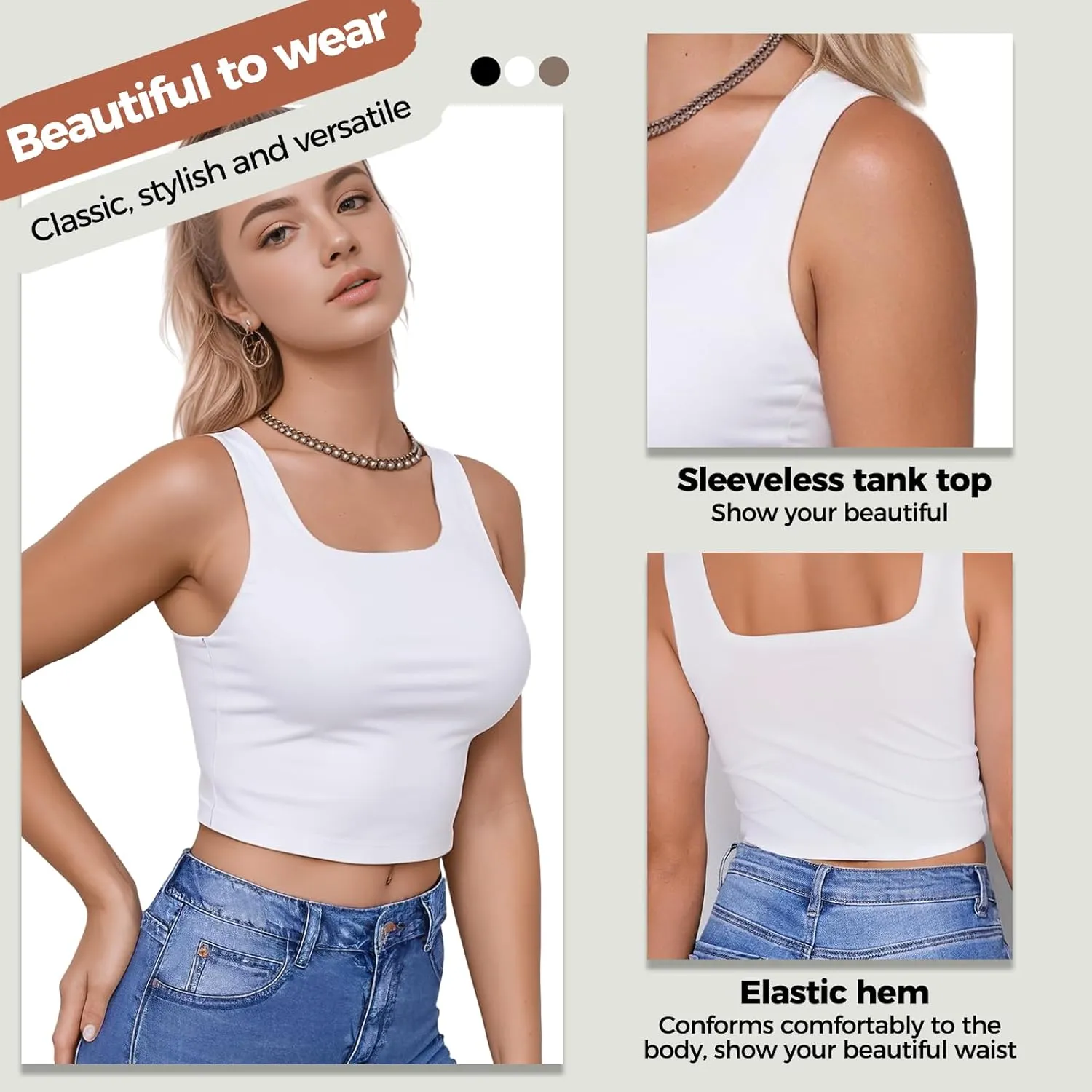 AURUZA Crop Tops for Women, Womens Double Lined Tank Tops U-Neck Basic Workout Tank Tops Woman Sleeveless Shirt Going Out Top