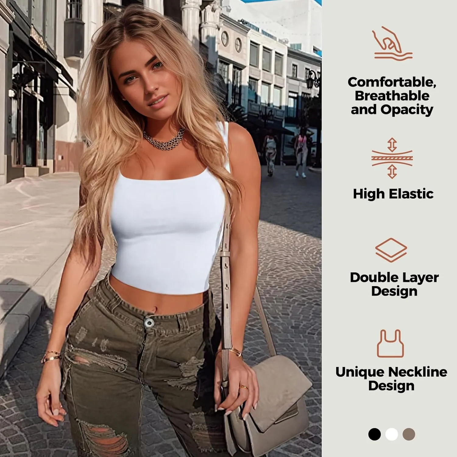 AURUZA Crop Tops for Women, Womens Double Lined Tank Tops U-Neck Basic Workout Tank Tops Woman Sleeveless Shirt Going Out Top