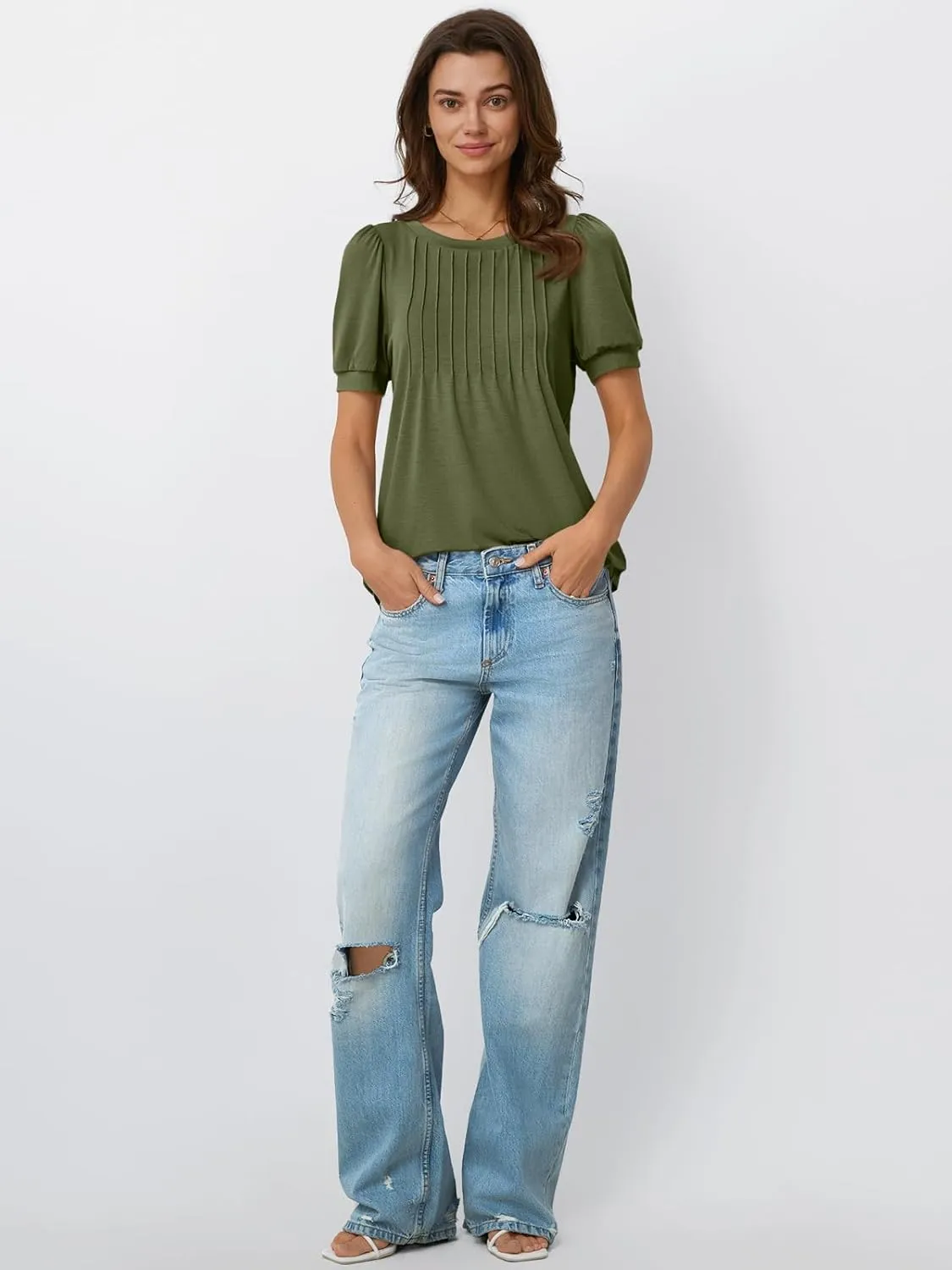 AUTOMET Womens Tops Short Sleeve T-Shirts Blouses Dressy Casual Business Puff Pleated Summer Fashion 2025 Basic Comfy Clothes