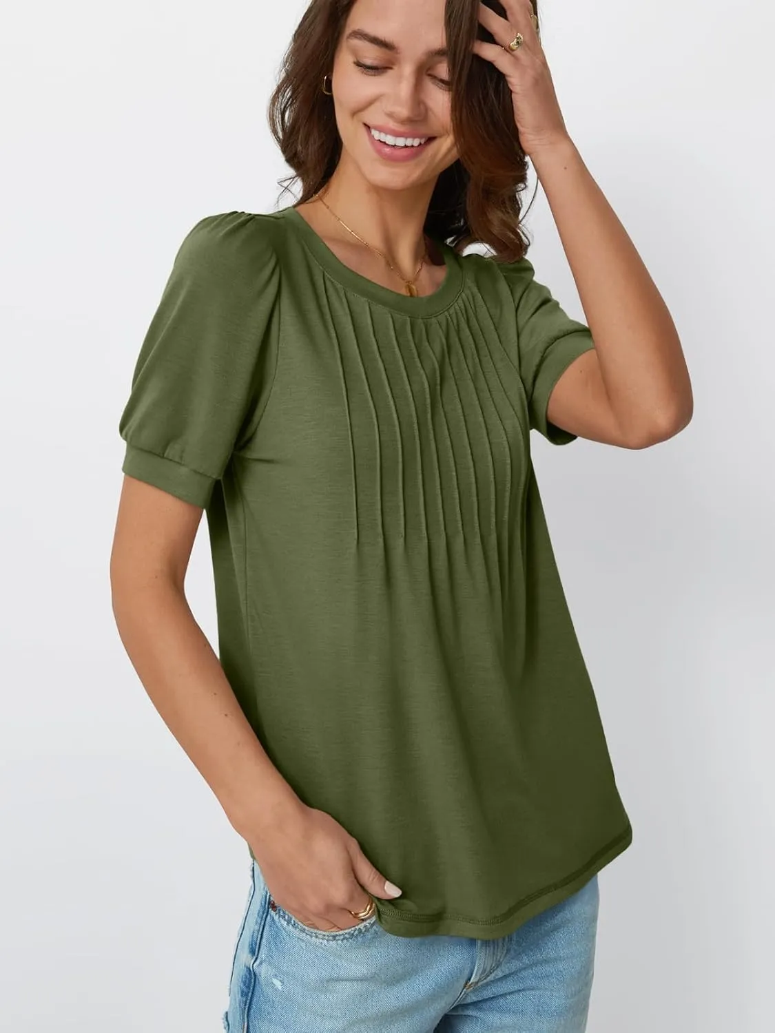 AUTOMET Womens Tops Short Sleeve T-Shirts Blouses Dressy Casual Business Puff Pleated Summer Fashion 2025 Basic Comfy Clothes