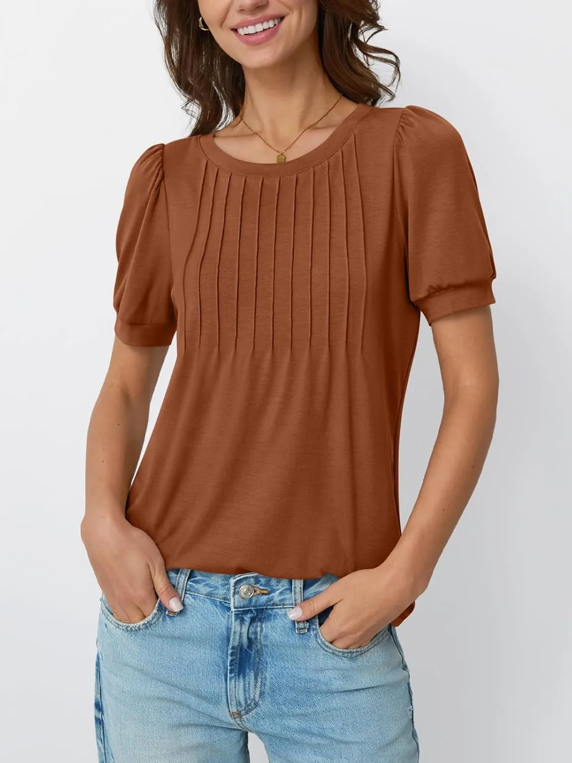 AUTOMET Womens Tops Short Sleeve T-Shirts Blouses Dressy Casual Business Puff Pleated Summer Fashion 2025 Basic Comfy Clothes