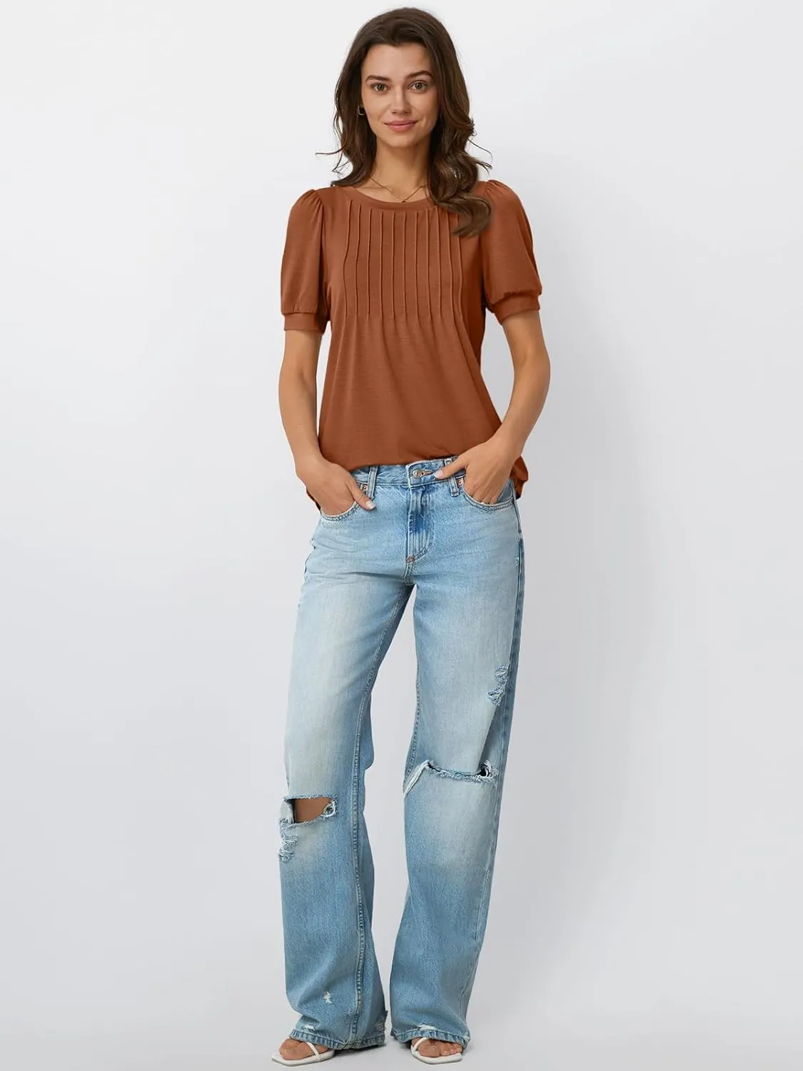 AUTOMET Womens Tops Short Sleeve T-Shirts Blouses Dressy Casual Business Puff Pleated Summer Fashion 2025 Basic Comfy Clothes