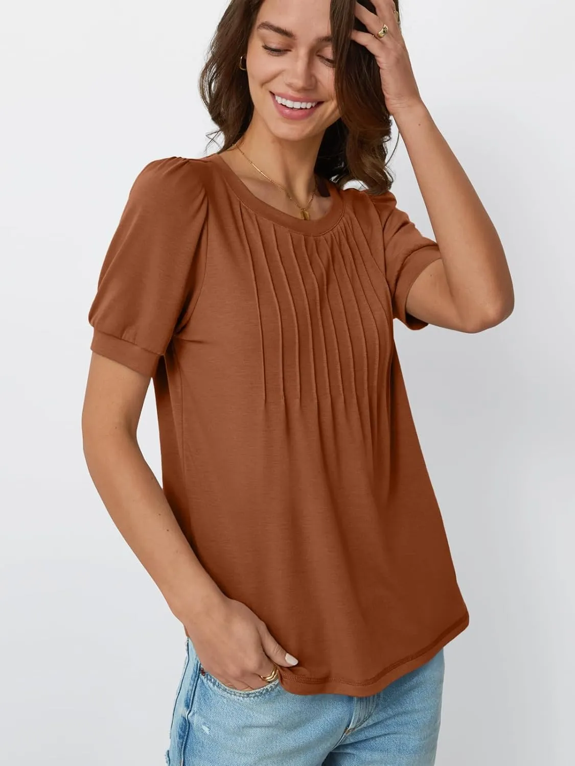 AUTOMET Womens Tops Short Sleeve T-Shirts Blouses Dressy Casual Business Puff Pleated Summer Fashion 2025 Basic Comfy Clothes