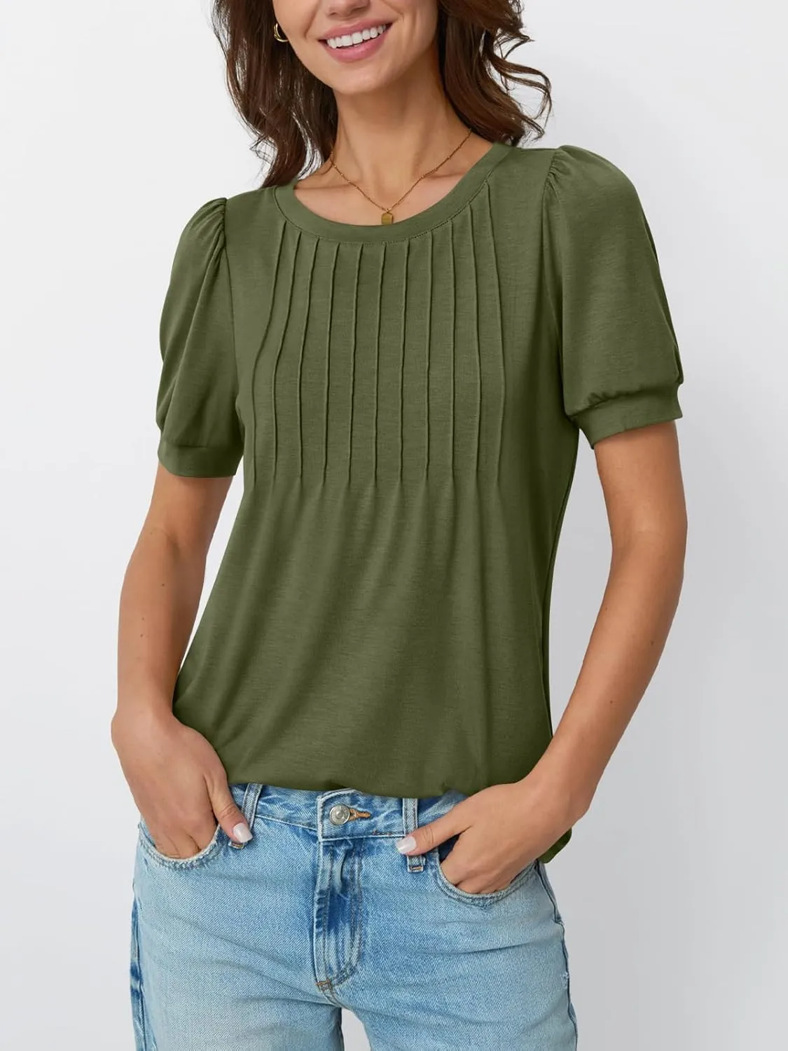 AUTOMET Womens Tops Short Sleeve T-Shirts Blouses Dressy Casual Business Puff Pleated Summer Fashion 2025 Basic Comfy Clothes