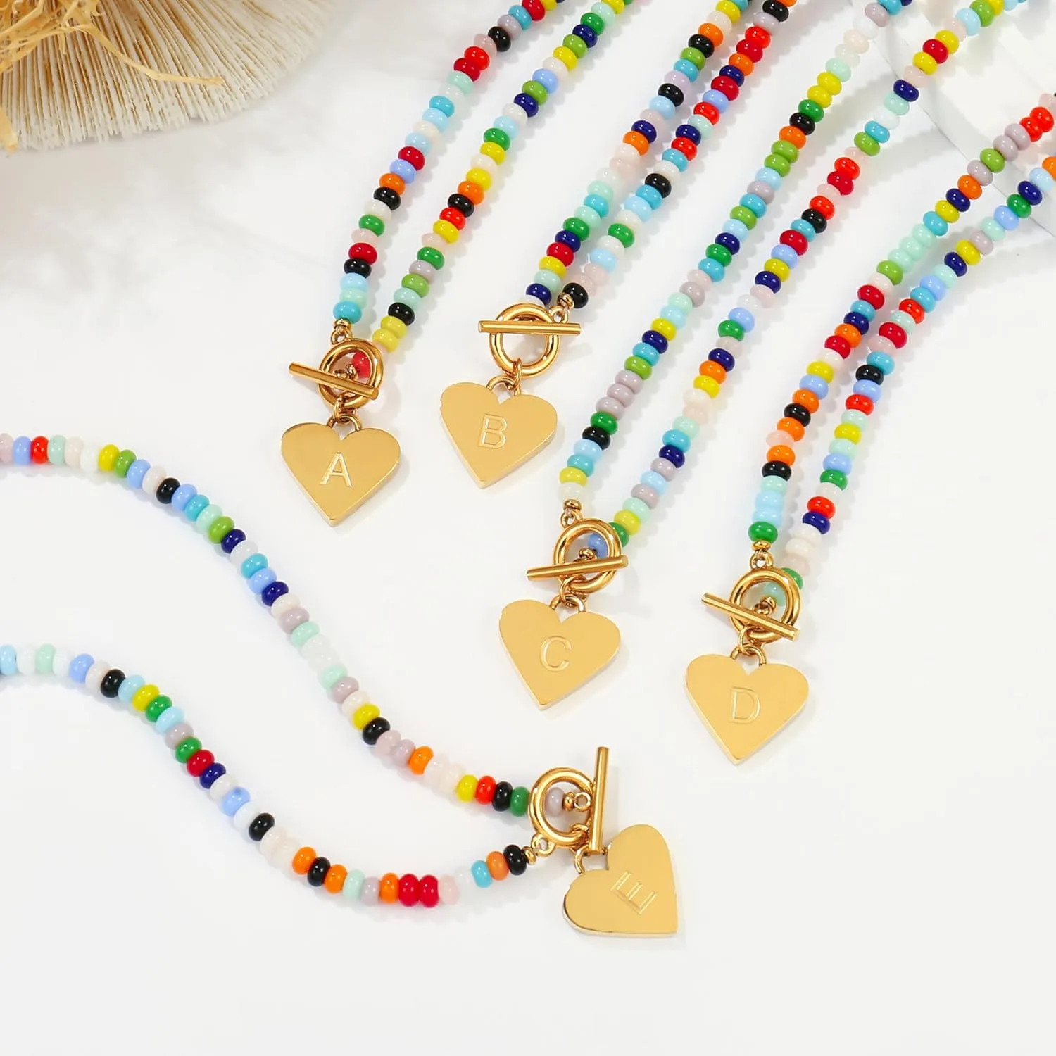 Badu Initial A-Z Colorful Beaded Gemstone Necklaces for Women 14K Gold Plated Waterproof Heart Boho Necklace Natural Stone Cute Jewelry Gifts Sister, best friend, BirthdayAnniversary or teens