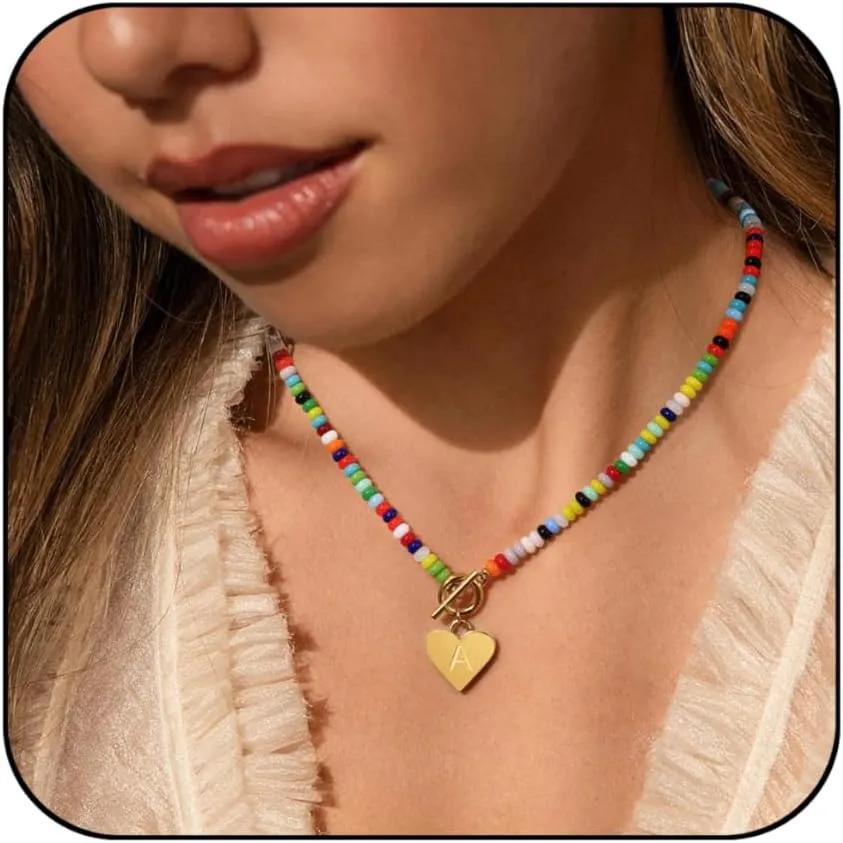 Badu Initial A-Z Colorful Beaded Gemstone Necklaces for Women 14K Gold Plated Waterproof Heart Boho Necklace Natural Stone Cute Jewelry Gifts Sister, best friend, BirthdayAnniversary or teens