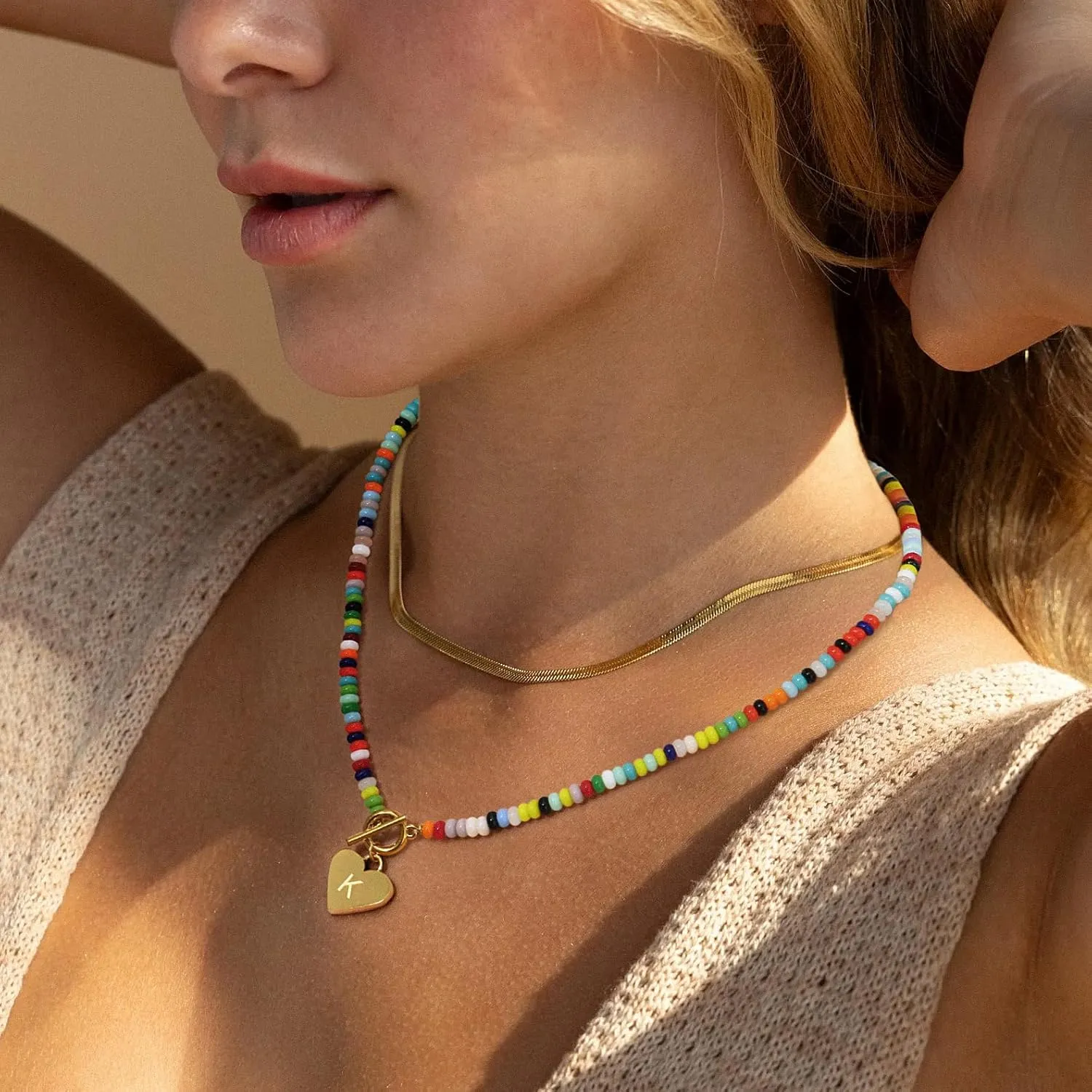 Badu Initial A-Z Colorful Beaded Gemstone Necklaces for Women 14K Gold Plated Waterproof Heart Boho Necklace Natural Stone Cute Jewelry Gifts Sister, best friend, BirthdayAnniversary or teens