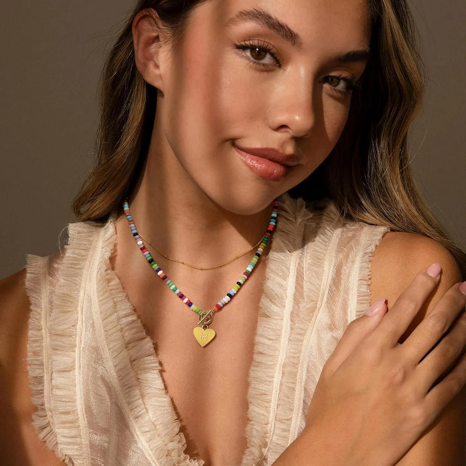 Badu Initial A-Z Colorful Beaded Gemstone Necklaces for Women 14K Gold Plated Waterproof Heart Boho Necklace Natural Stone Cute Jewelry Gifts Sister, best friend, BirthdayAnniversary or teens